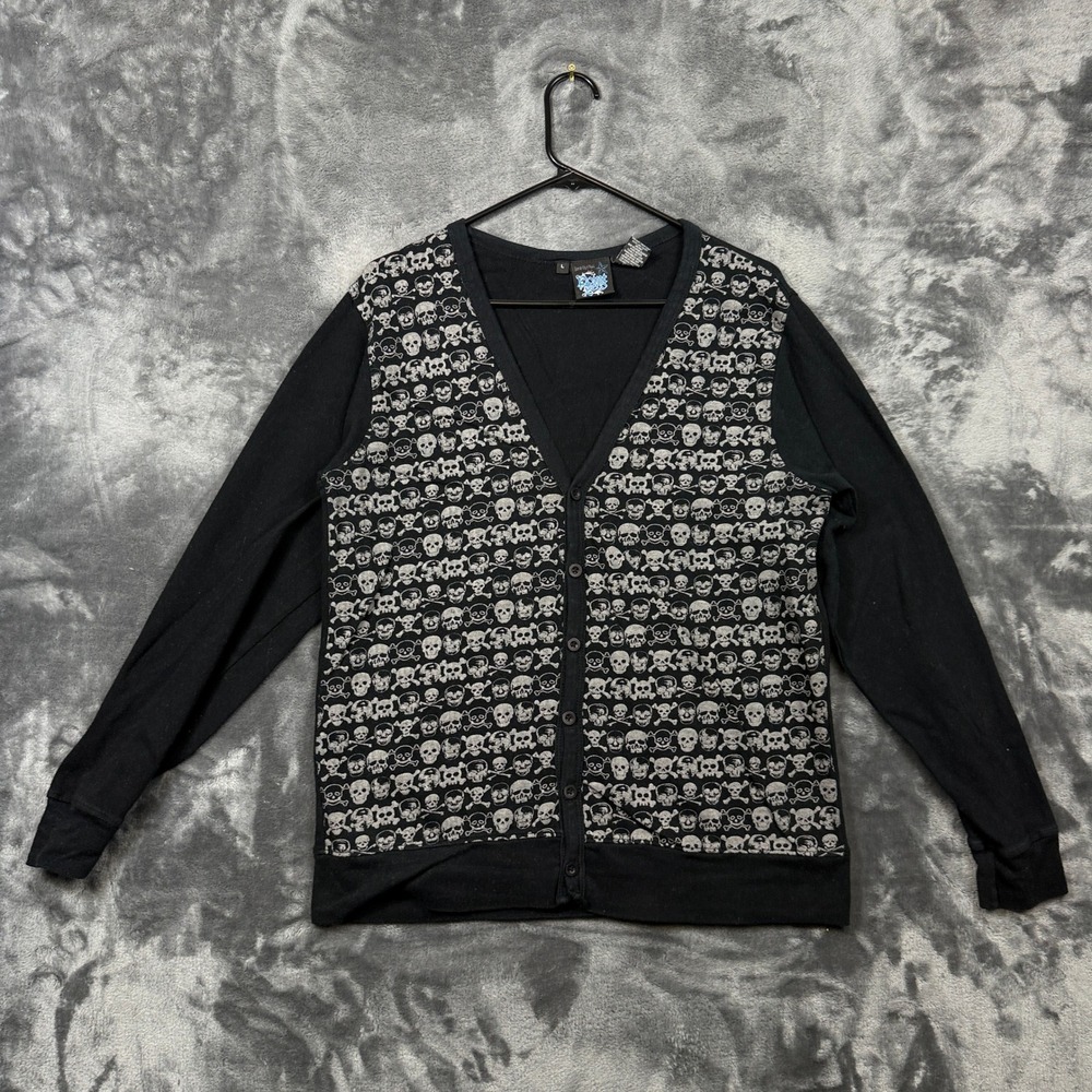 Point Zero Cardigan Sweater Mens Large Black Skull Crossbones Goth 9616